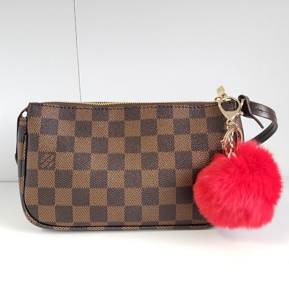Genuine Rex Rabbit Fur PomPom Keychain Purse Charm Red